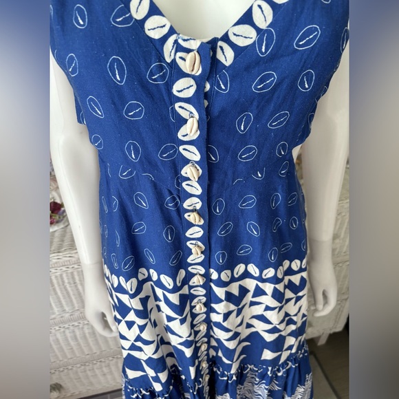 Farm Rio Ondina Linen blend Midi Dress with Cutout Waist in Blue & White Size M - Picture 4 of 13
